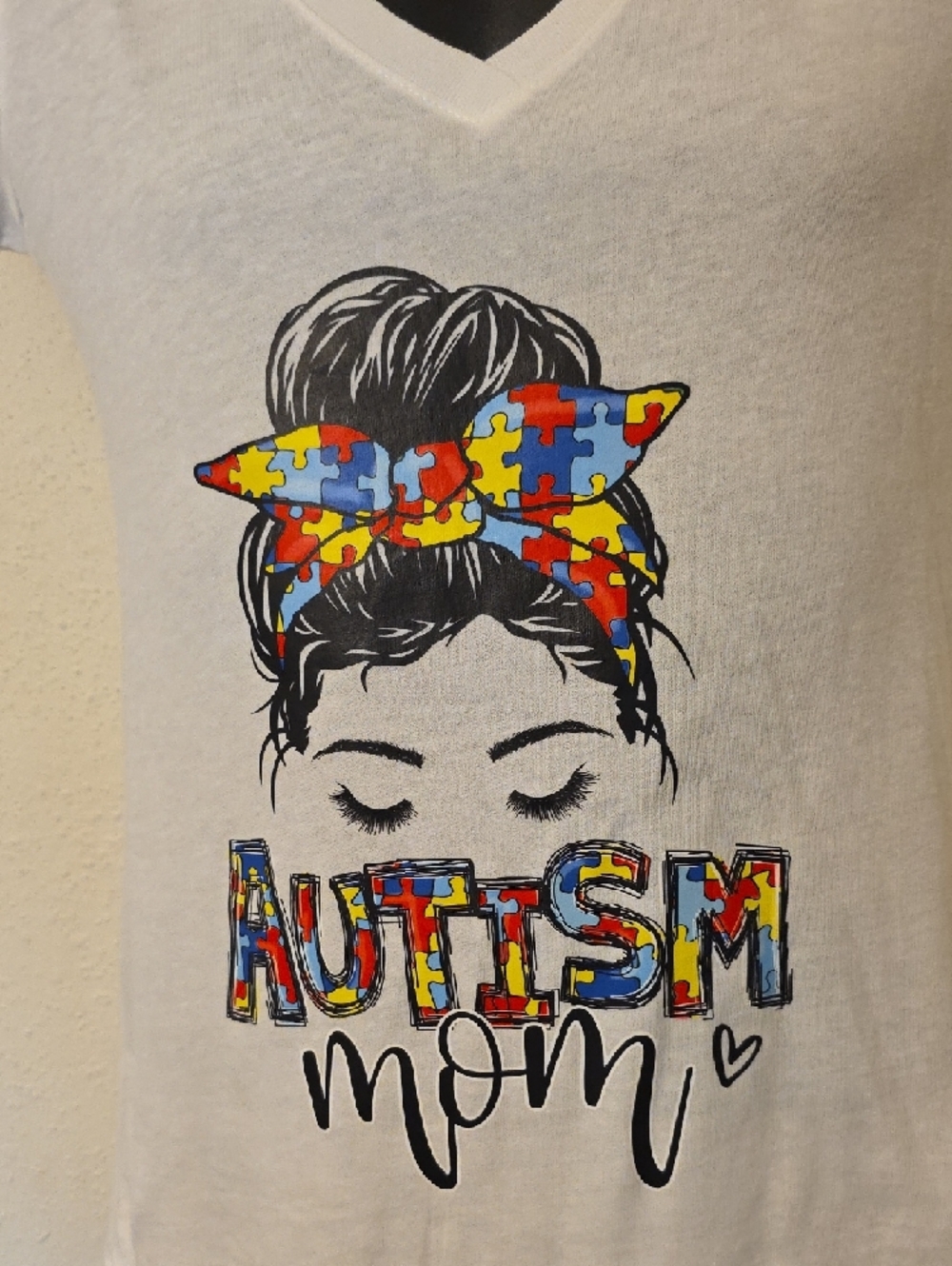 Autism Mom Puzzle-Print V-Neck Tee - White - Picture 6 of 7